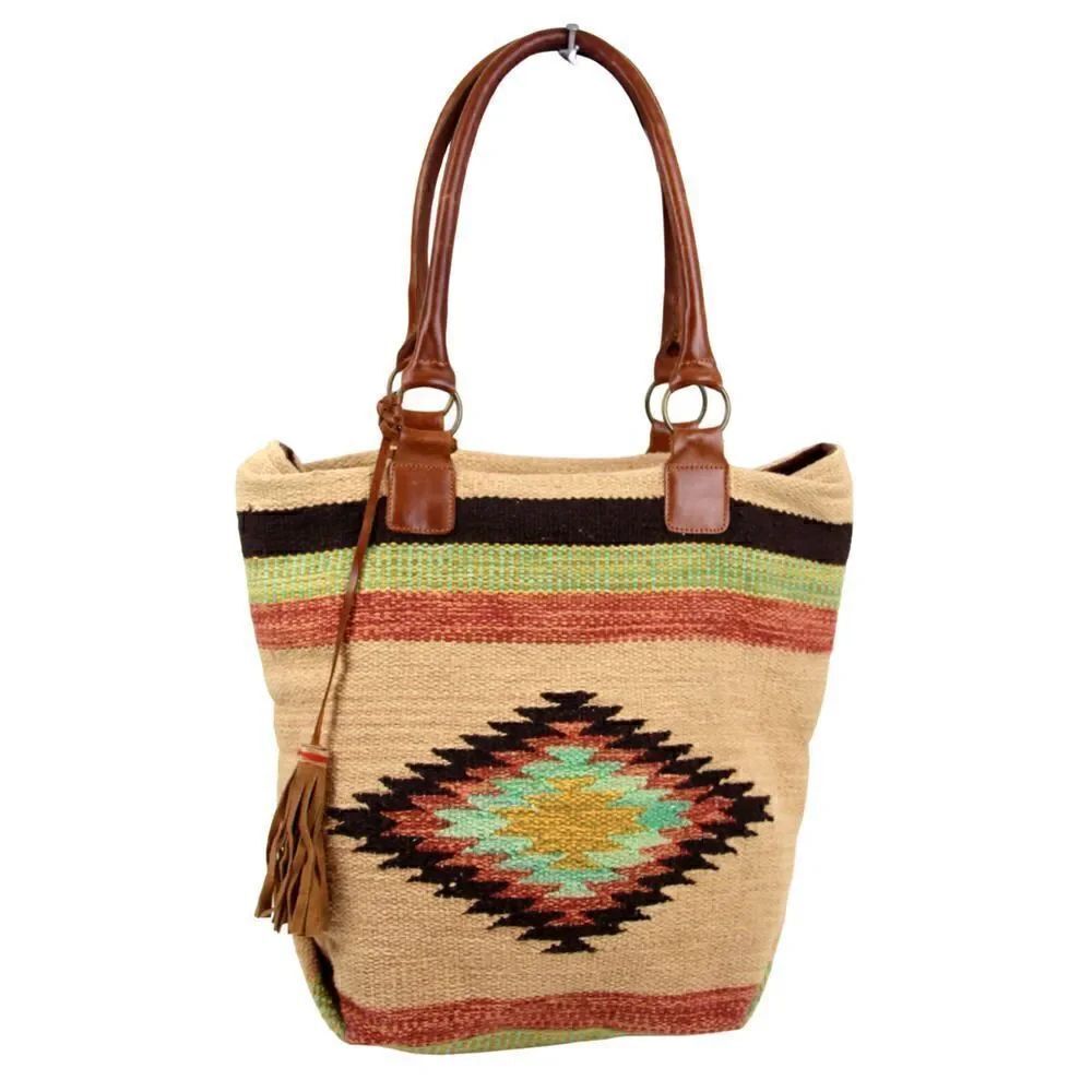 CROSSTREE LANE MULTICOLOR COTTON BROWN LEATHER HANDLES ZIP SHOULDER BAG HANDBAG